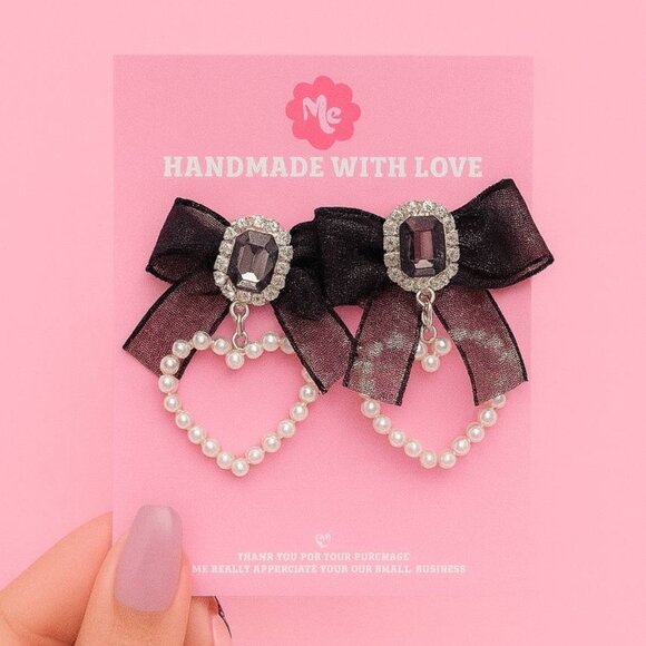 Pearl Heart Bow Earrings — Elegant Black Ribbon Dangle Cute Jewelry - Picture 4 of 5